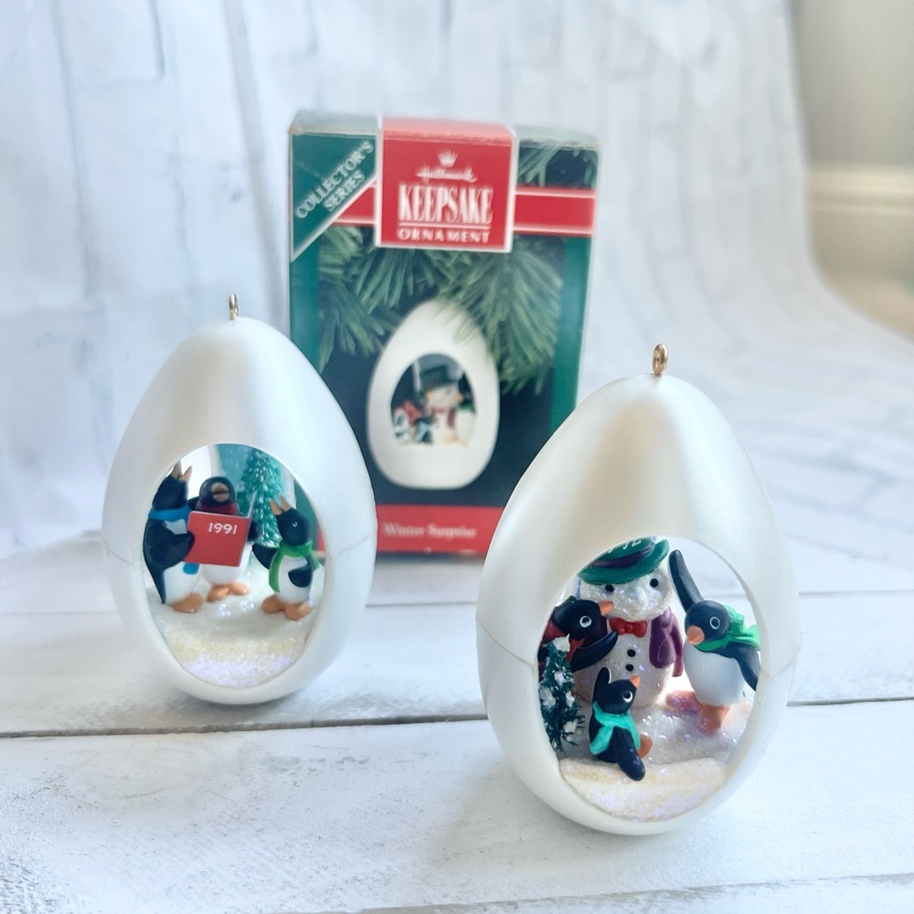 MCM Style Hallmark "Winter Surprise" Penguin Egg Ornament Set - 1991 & 1992